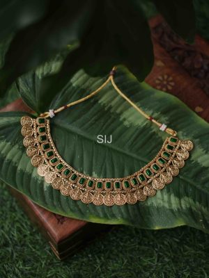 Traditional Lakshmi Coin Necklace with Emerald Stones