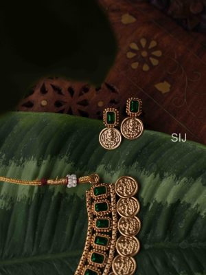 Traditional Lakshmi Coin Necklace with Emerald Stones