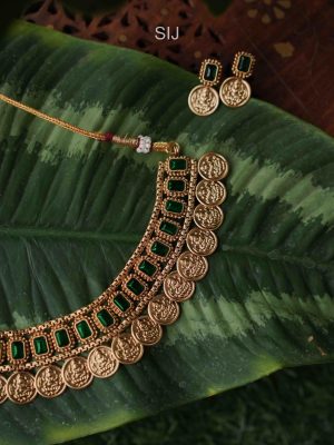 Traditional Lakshmi Coin Necklace with Emerald Stones