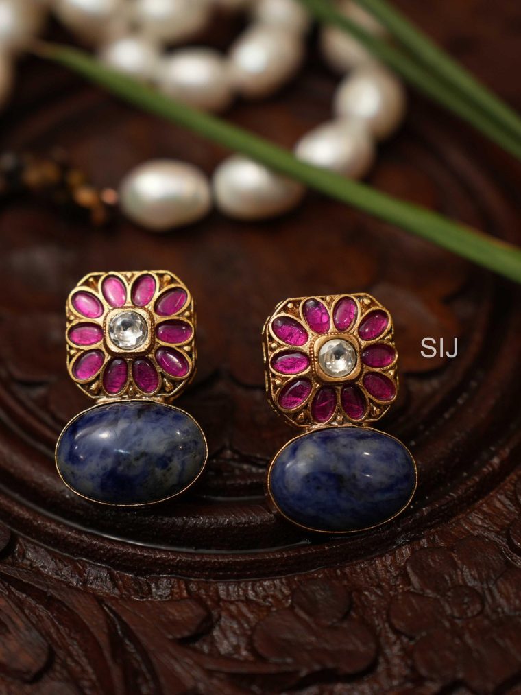 Gold Plated Blue Stone Polki Ear Studs