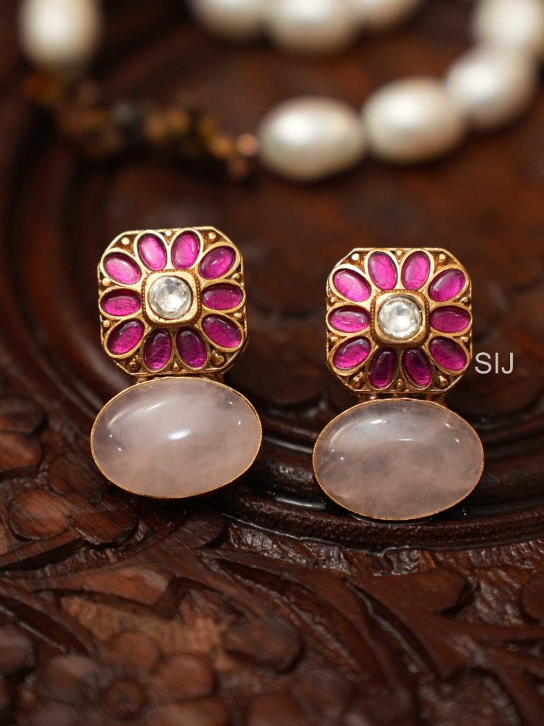 Gold Finish Pink Stone Polki Ear Studs