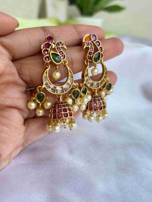 Multicolor Stones Peacock Chanbali Jhumkas