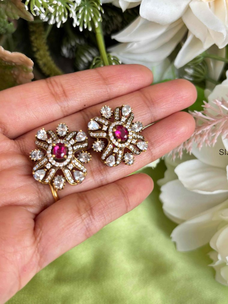 Oval Shape Ruby & White Stones Victorian earrings