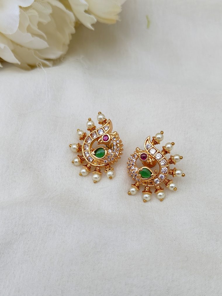 Peacock Design Pearl Ear Studs