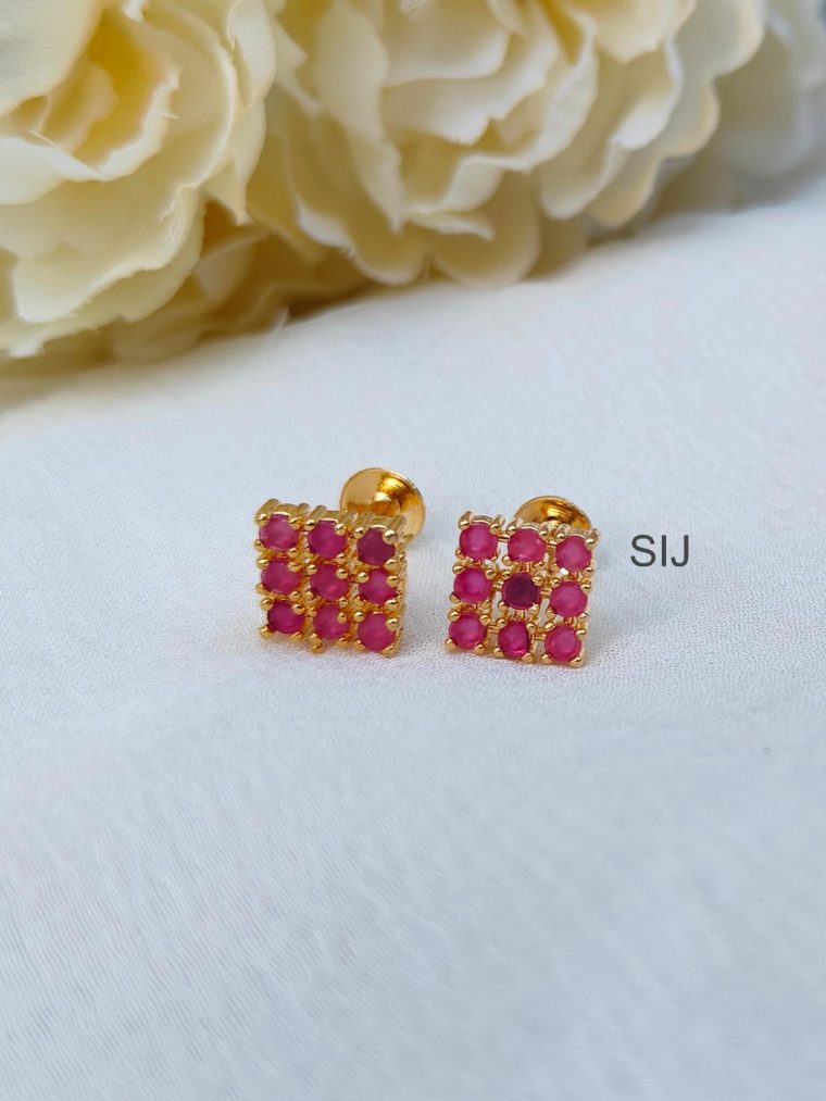 Pink Colour Nine Diamond Stones Ear studs