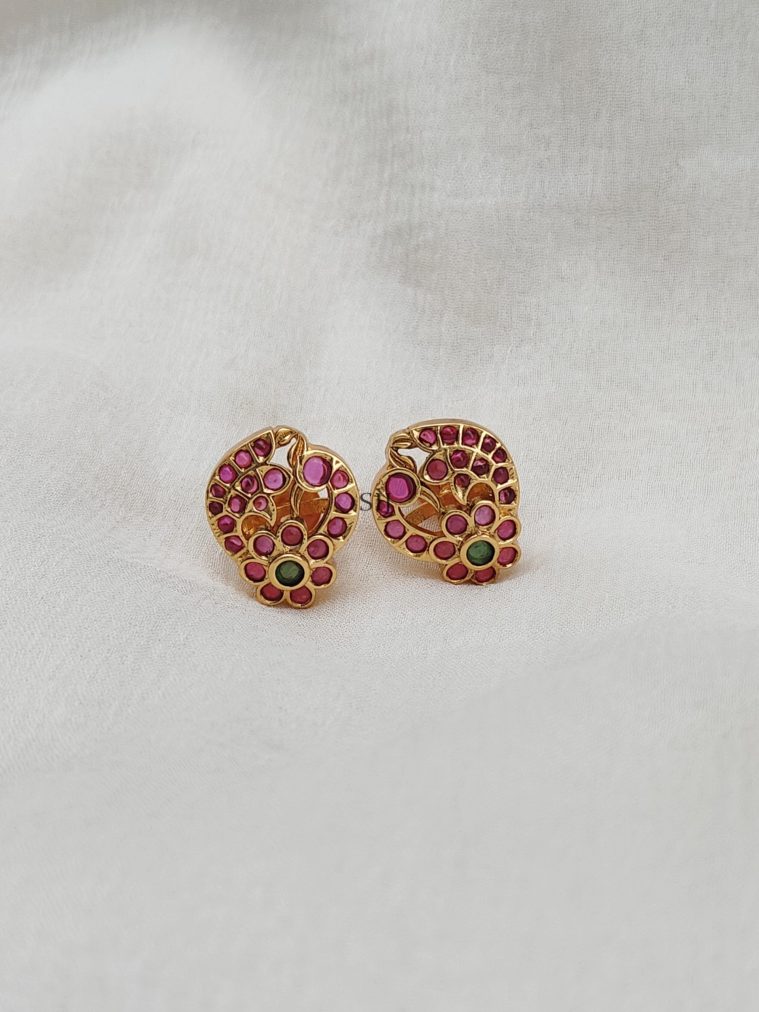 Pink Kemp Stones Peacock Design Ear Studs