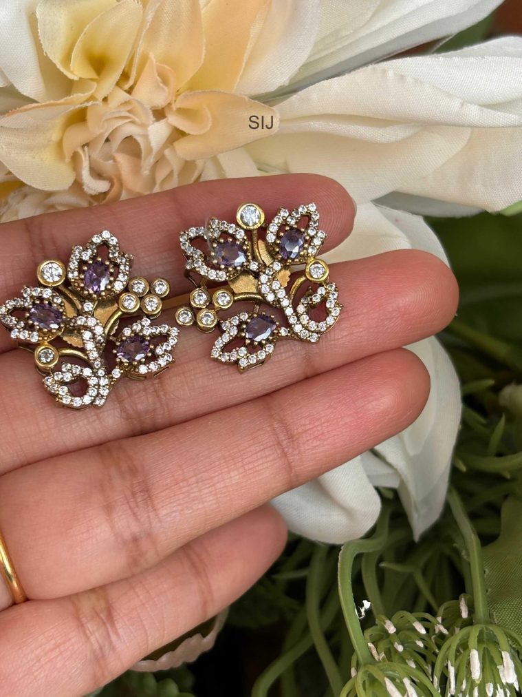 Purple Stone Flower Plant Victorian Earrings