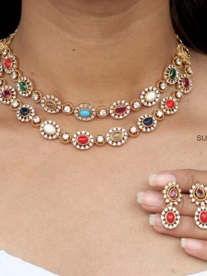 Rani Navaratna Two Layer AD Necklace Set