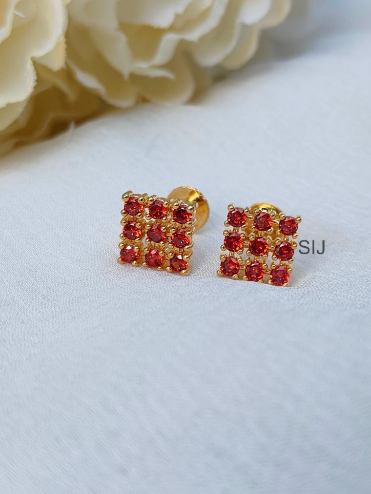 Red Colour Nine Diamond Stones Ear Studs