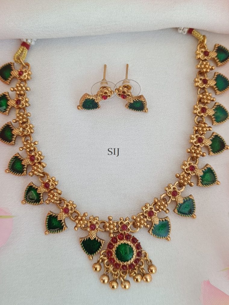 Ruby& Green Stone Gold Finish Beaded Drop Palakka necklace