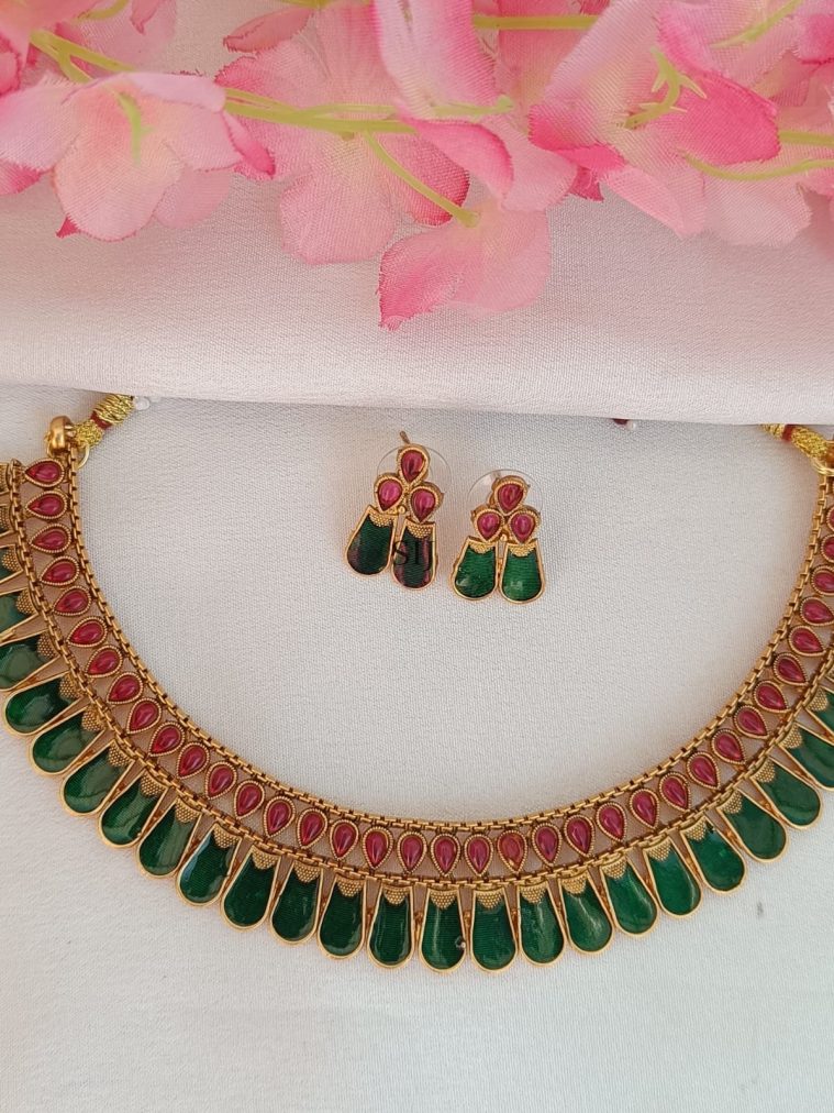 Ruby& Green Stone Palakka Necklace