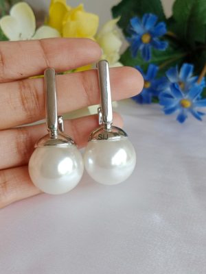 Silver Finish White Pearl Drop Earrings