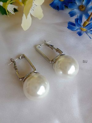 Silver Finish White Pearl Drop Earrings