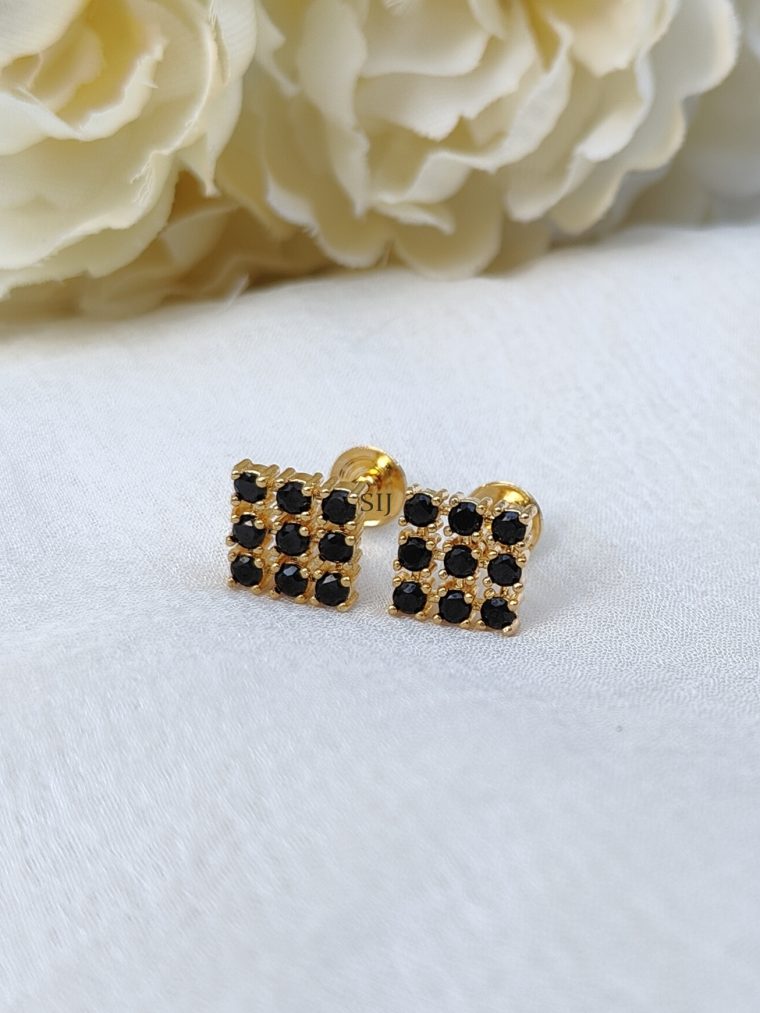 Square Shape Design Black Stones Studded Ear Studs