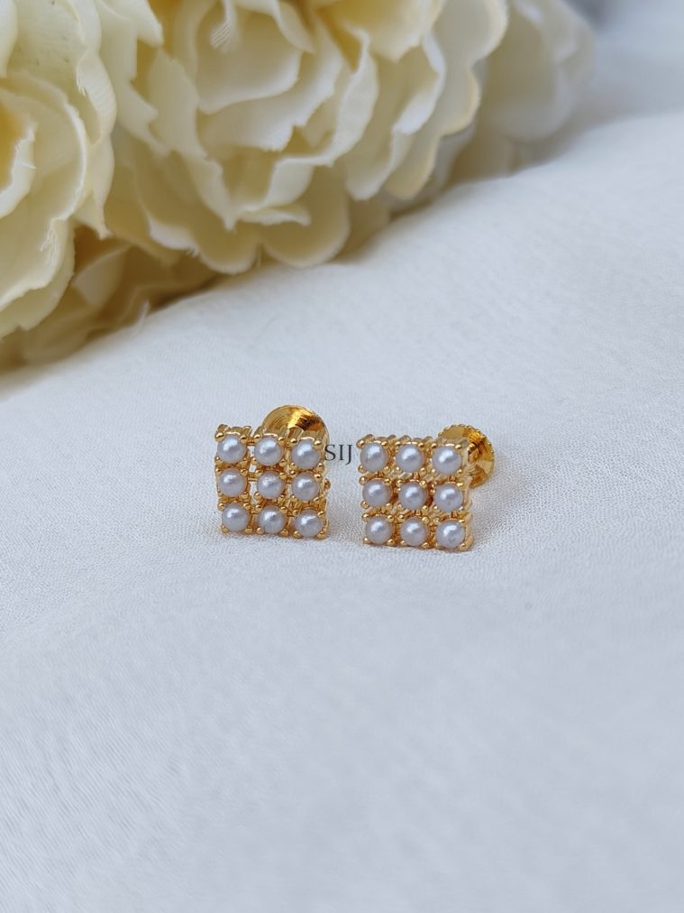 Square Shape Design Pearl Studded Ear Studs