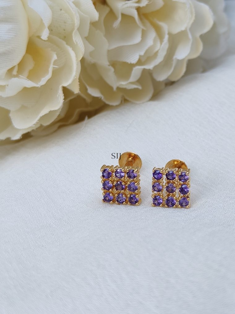 Square Shape Design Purple Stones Studded Ear Studs