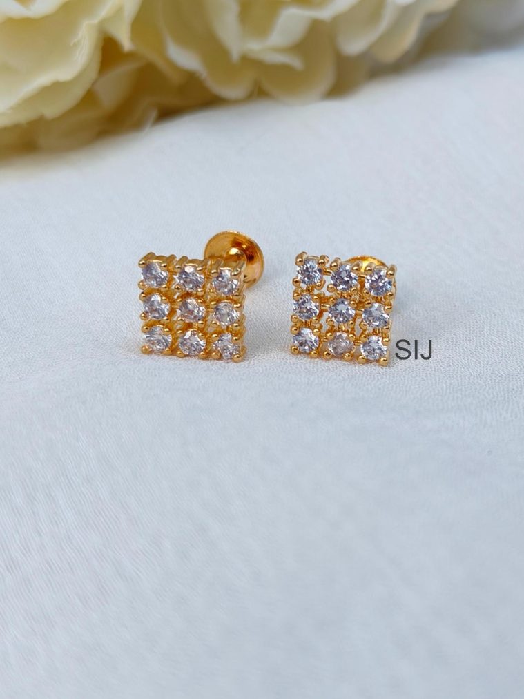 Square Shape Nine White Stones Ear Studs