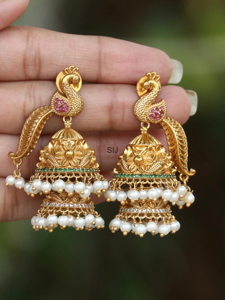 Traditional Peacock Floral pearl Jhumkas