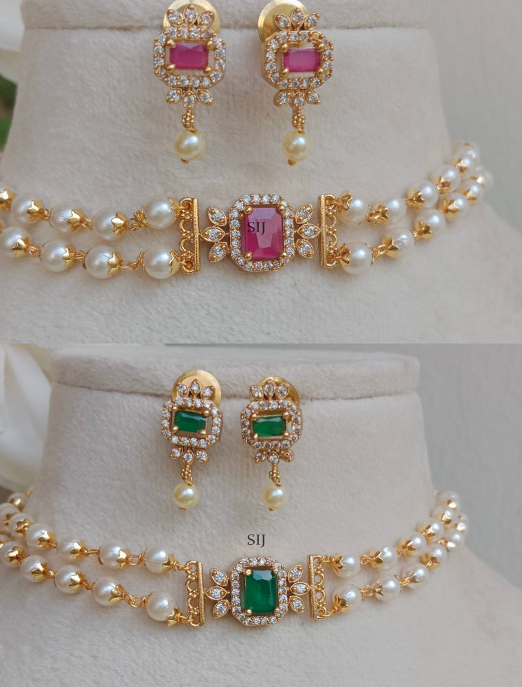 Two Line Pearl Choker With Red& Green Stones Pendant