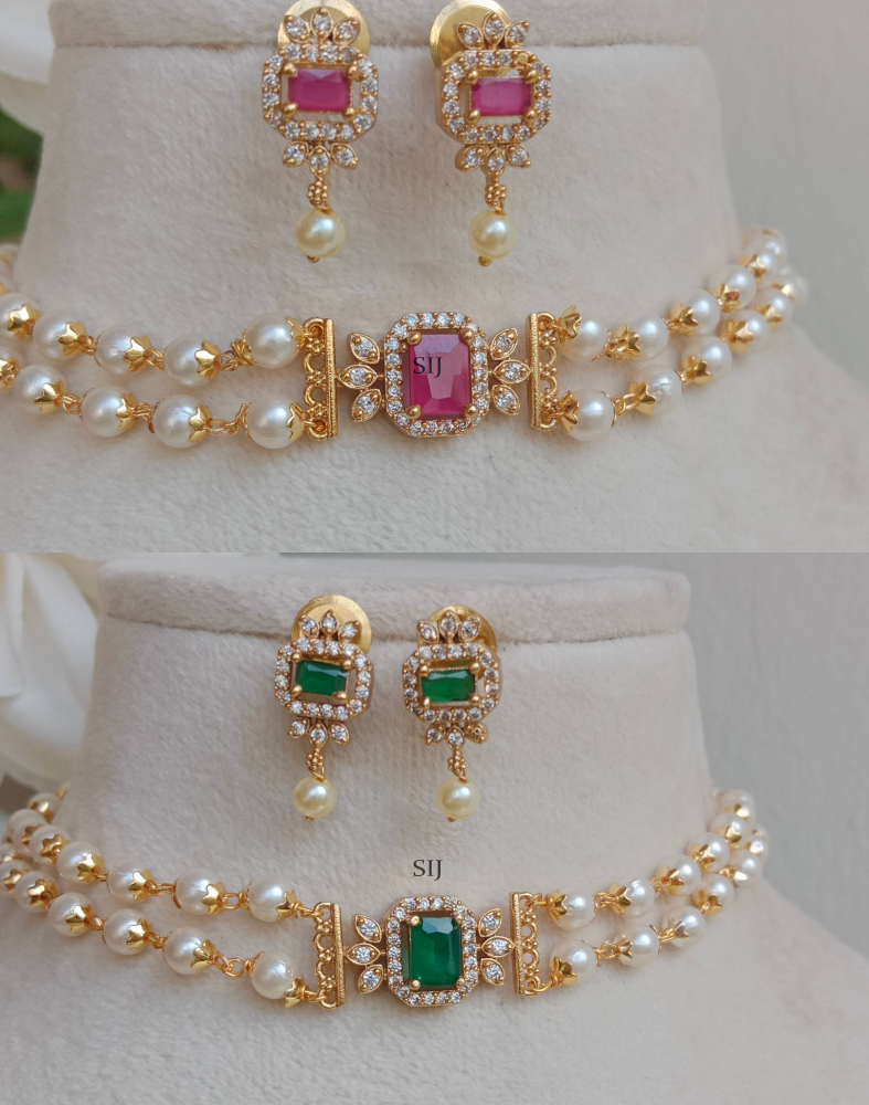 Two Line Pearl Choker With Red& Green Stones Pendant