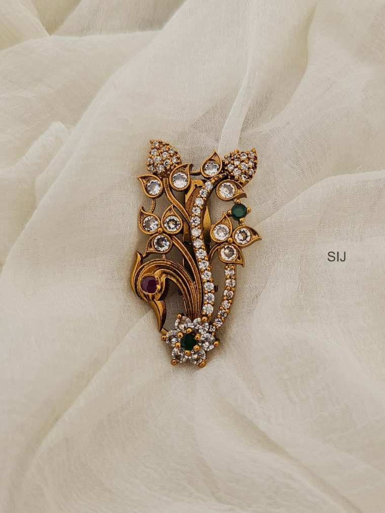 Unique Floral Design CZ Stones Saree Pin