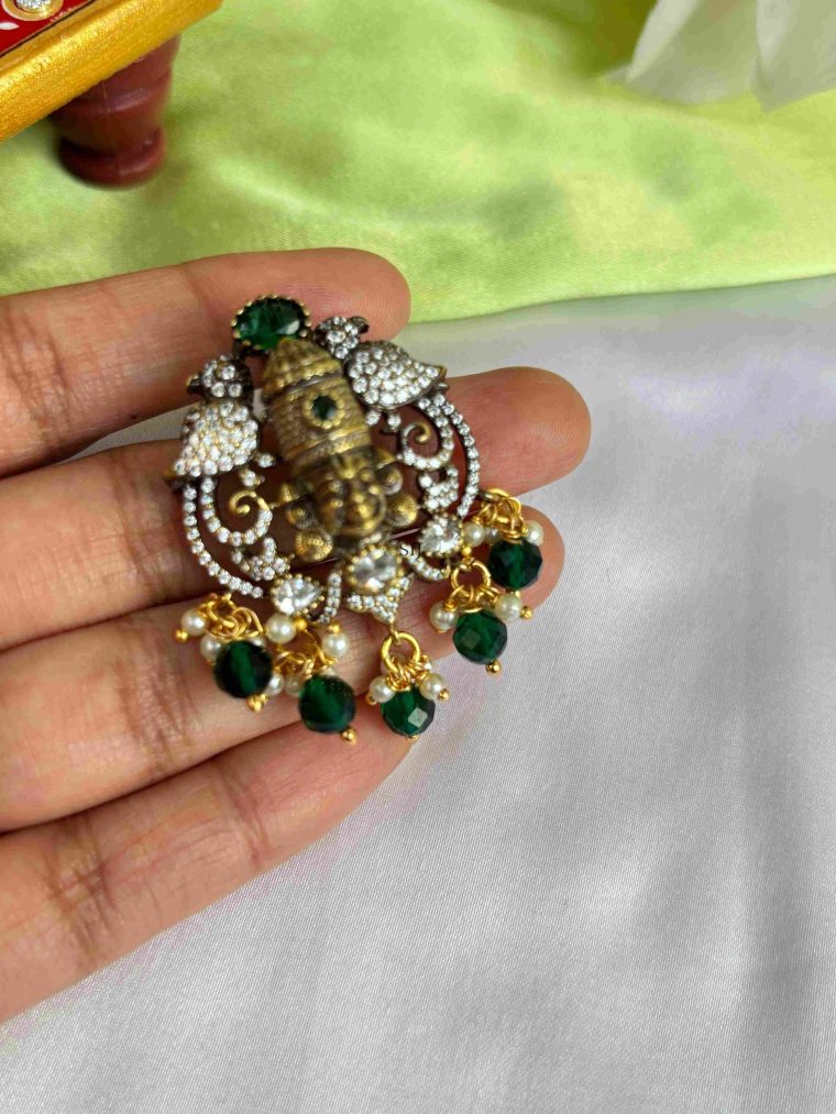 Victorian Finish Lord Balaji Pendant With Green Beaded Drops