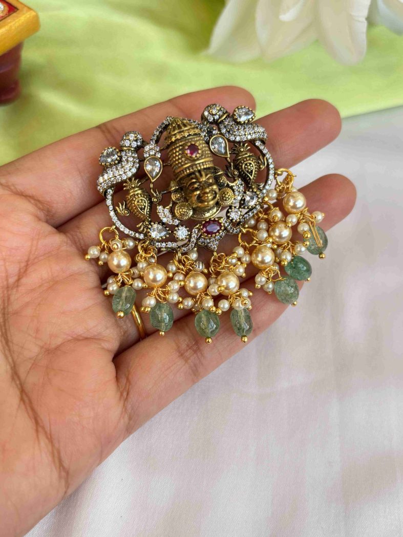 Victorian Finish Lord Balaji Pendant With Green Beaded &Pearl Drops