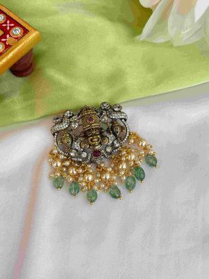 Victorian Finish Lord Balaji Pendant With Green Beaded &Pearl Drops