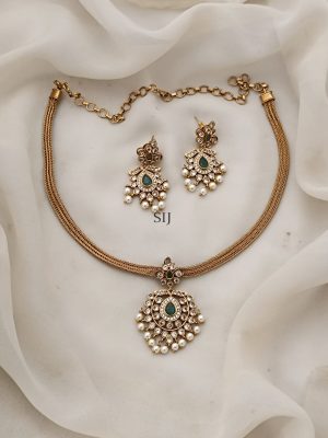 White& Green Stone Pearl Drop Attigai Necklace