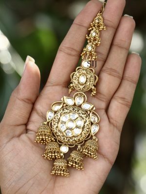 Traditional Kundan Stones Hanging Jhumka Maang Tikka