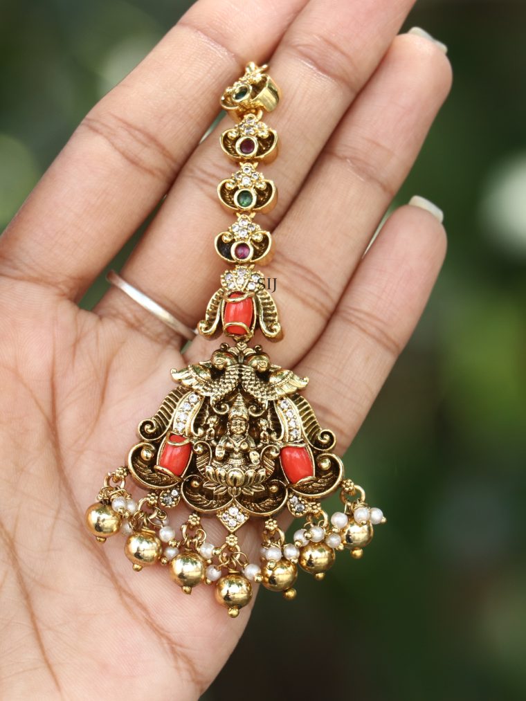 Gold Plated Dual Peacock and Lakshmi Maang Tikka