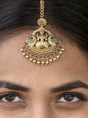 Traditional Peacock and Lakshmi Maang Tikka with Gold Beads