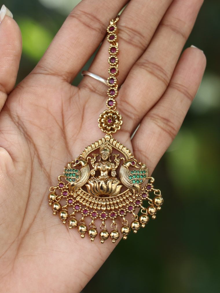 Traditional Peacock and Lakshmi Maang Tikka with Gold Beads