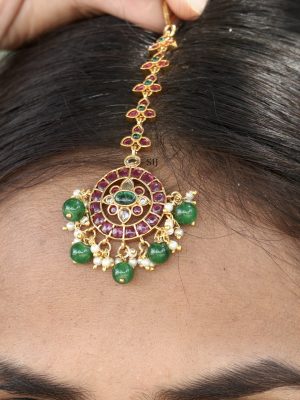 Multi Color Stones Maang Tikka with Green Beads and Pearls