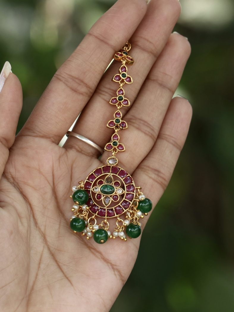 Multi Color Stones Maang Tikka with Green Beads and Pearls