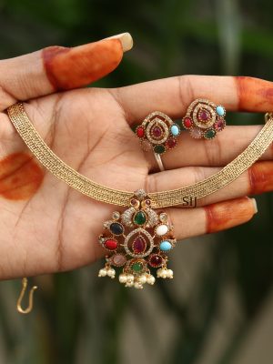 Imitation Navratna Stones Pendant Hasli Necklace