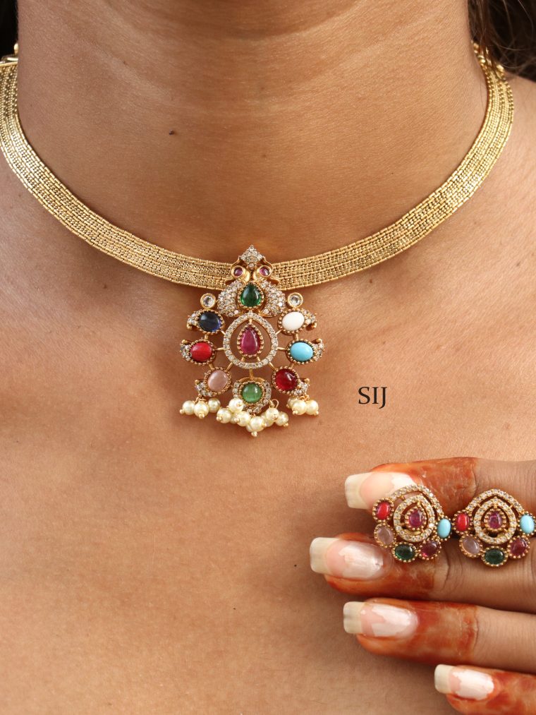 Imitation Navratna Stones Pendant Hasli Necklace