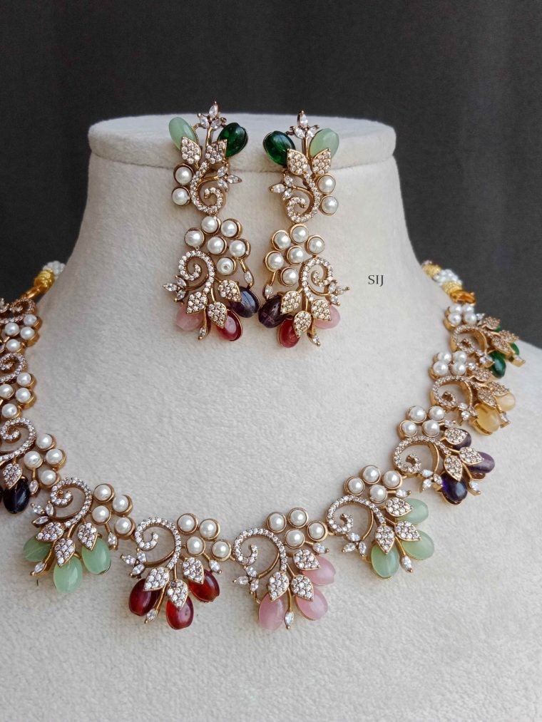 Multi Color Beads and Pearls Necklace with White Stones