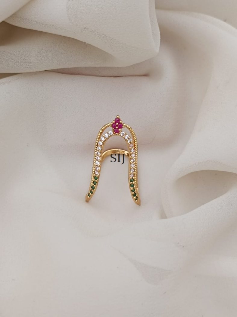 Traditional White Pink Green Stones V Shaped Vangi Finger Ring