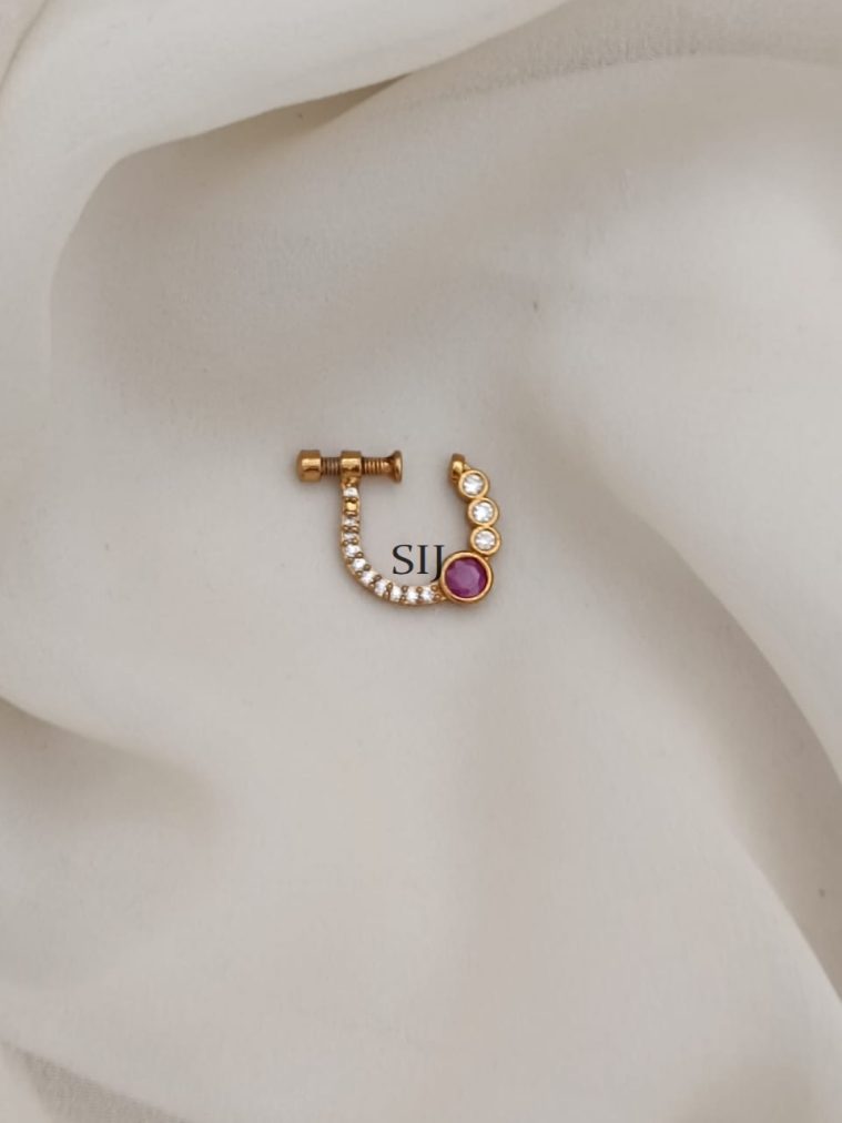 Ruby And White Stone Screw Type Nose Pin