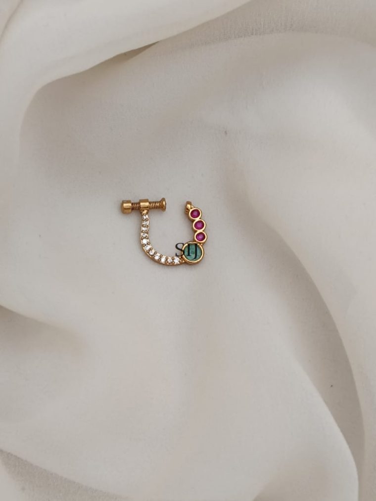 Ruby And Emerald Stones Screw Type Nose Pin