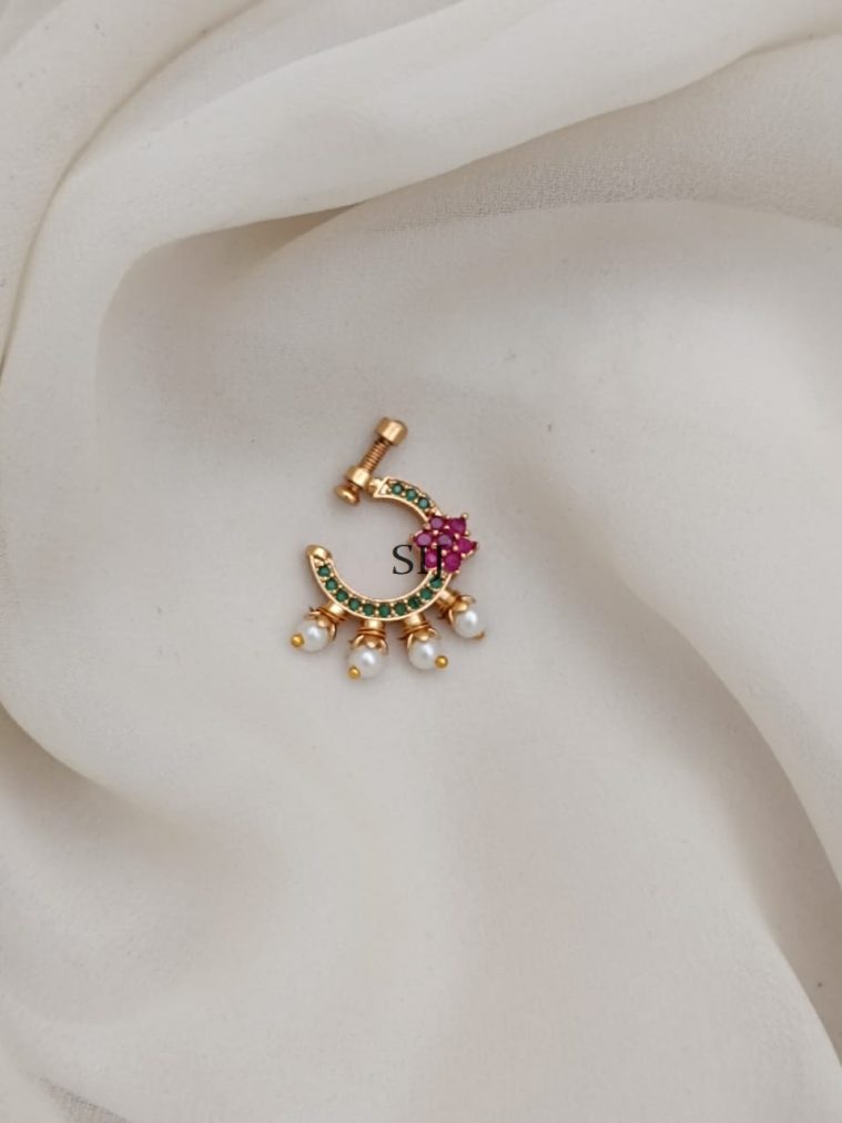 Emerald And Ruby Stones With Pearl Nose Pin