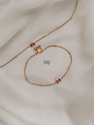 Gold Look Ruby Stones Motif Chain Type Anklets