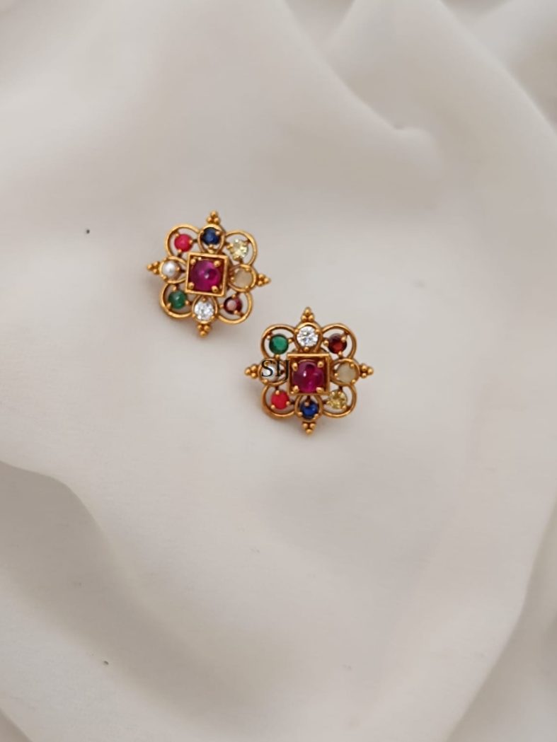 Gold Plated Navaratna Stones Ear Studs