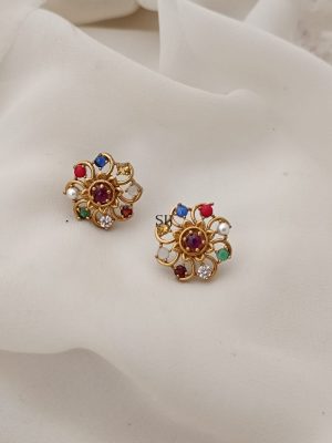 Flower Design Navaratna Stones Ear Studs