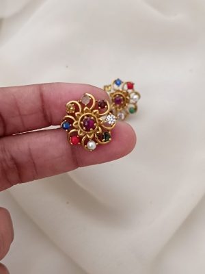 Flower Design Navaratna Stones Ear Studs