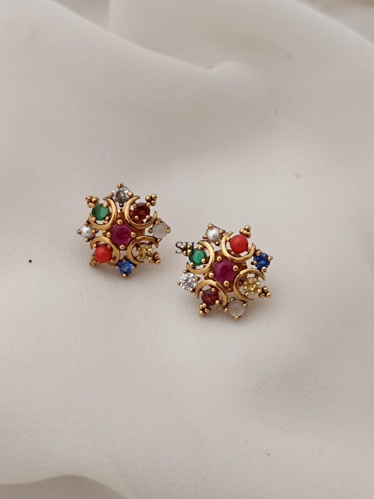 Gold Covering Navaratna Stones Ear Studs