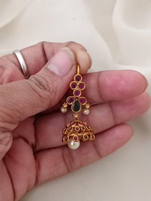 Ruby And Emerald Stones Hook Drop Jhumkas