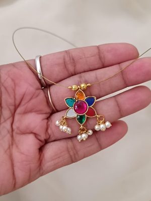 Invisible Necklace With Navaratna Stones Pendant