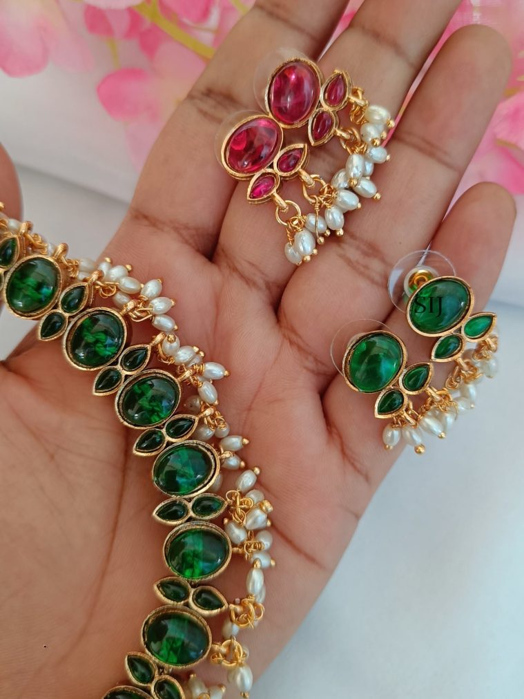 2 in 1 Reversible Necklace (Ruby And Green) With 2 Pair of Earrings